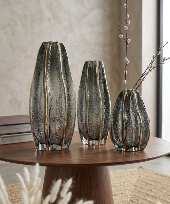 AMBER Ribbed Glass Trio