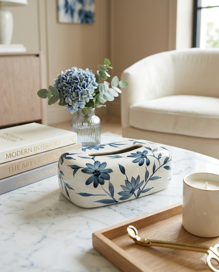 Classic Blue and White Ceramic Floral Tissue Box Cover - Image 3