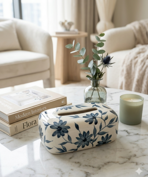 Classic Blue and White Ceramic Floral Tissue Box Cover