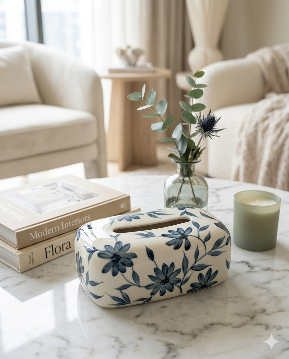 Classic Blue and White Ceramic Floral Tissue Box Cover