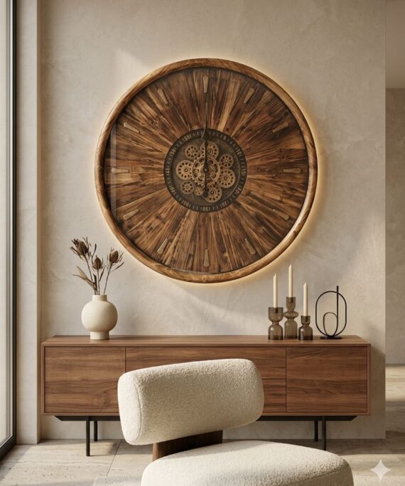 The Chronos Luxury Backlit Wooden Wall Clock – Oversized Steampunk & Rustic Statement Timepiece