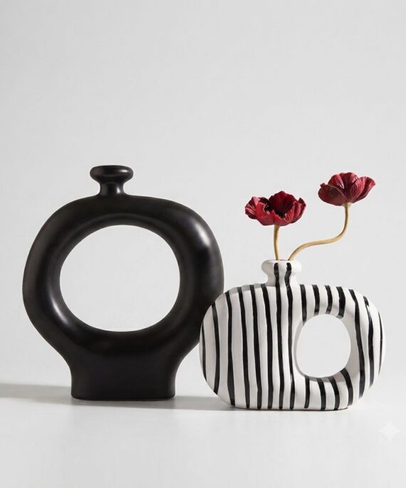 Modern Monochrome Porcelain Vase Set with Poppy Accents