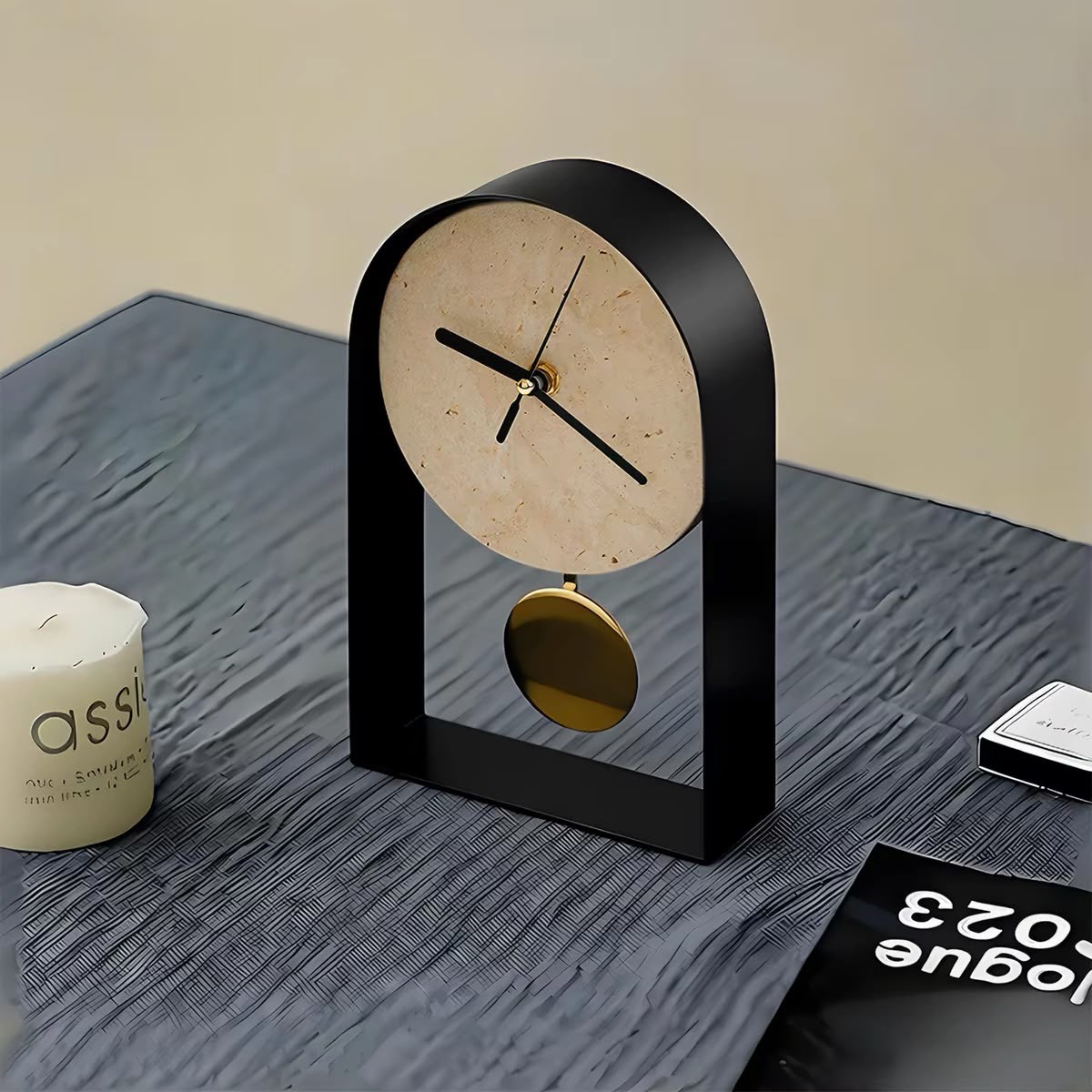 livvi Travertine & Metal Pendulum Table Clock - Image 3