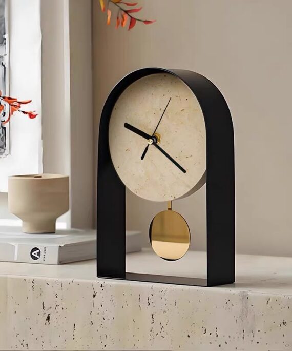 livvi Travertine & Metal Pendulum Table Clock