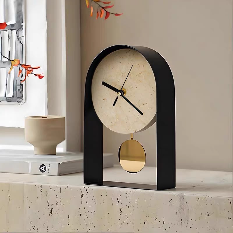 livvi Travertine & Metal Pendulum Table Clock