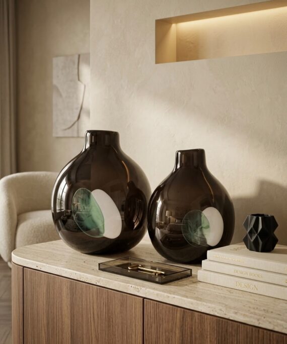 livvi Smoky Spherical Glass Vase with Inlaid Art Detail